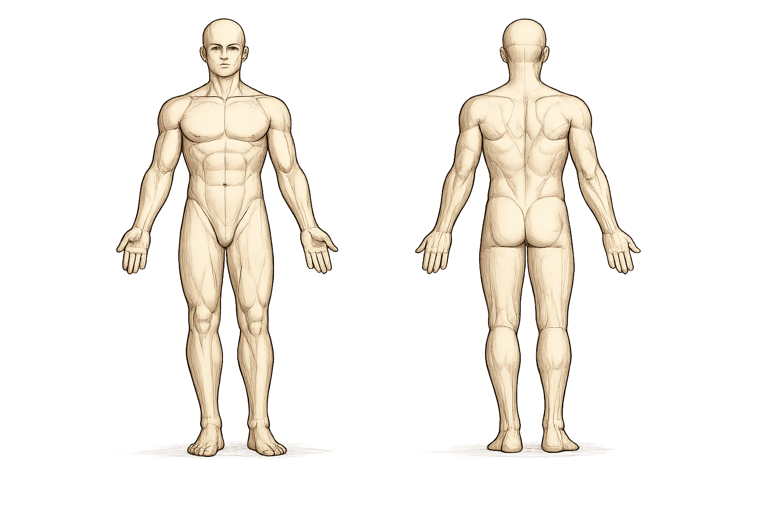 Anatomisk illustration framifrån och bakifrån